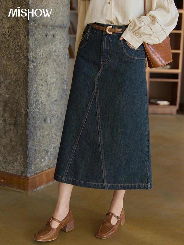 MISHOW High Waist Slim Denim Skirt Pocket Rear Hem Split MXE41B2379