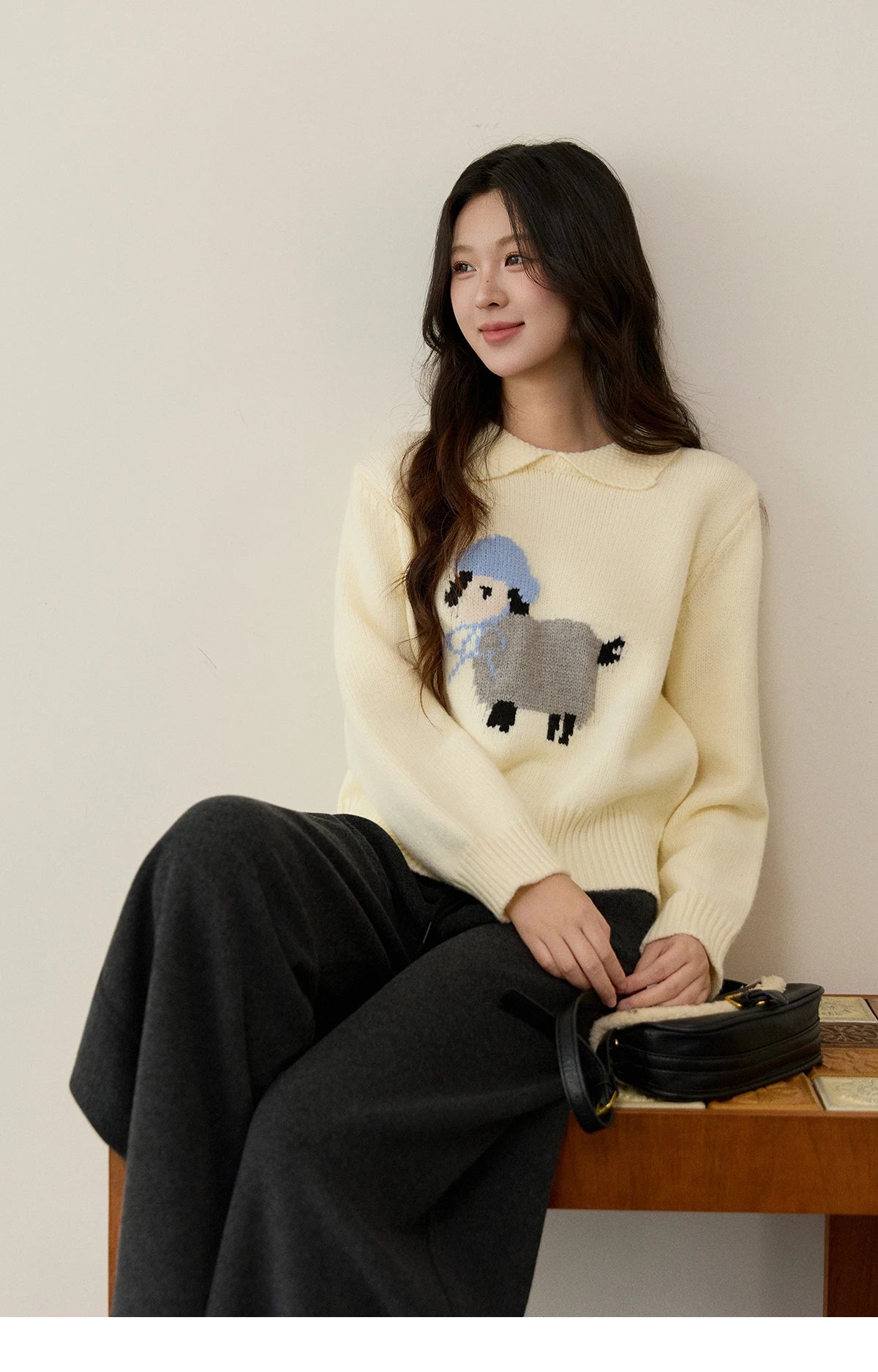 Mishow Beige Sheep Pattern Round Collar Sweater MXE94Z2962