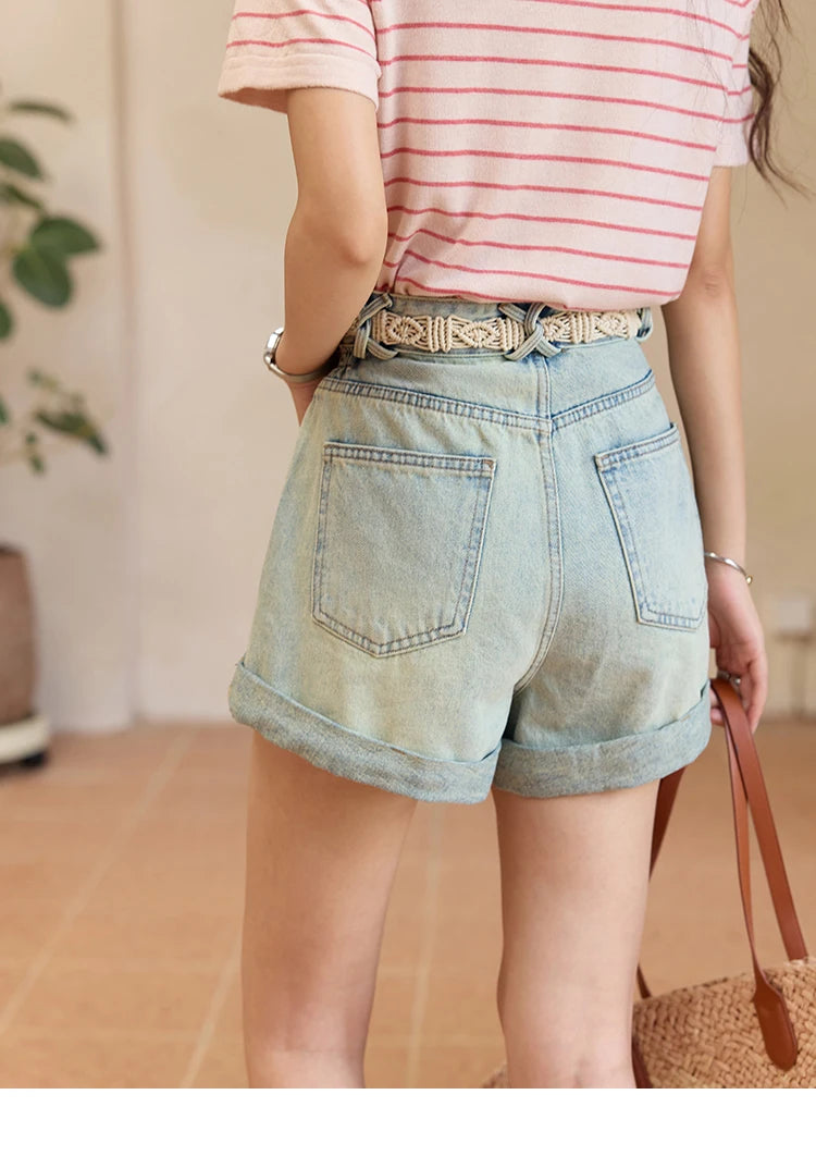 Mishow Retro Light Blue Washed Wide Leg Denim Shorts MXE35K0944