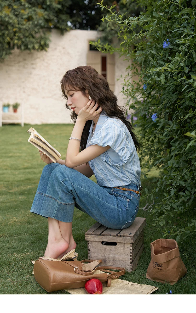 MISHOW Blue Striped Shirt Bubble Sleeves with Tube Top MXD24C0204