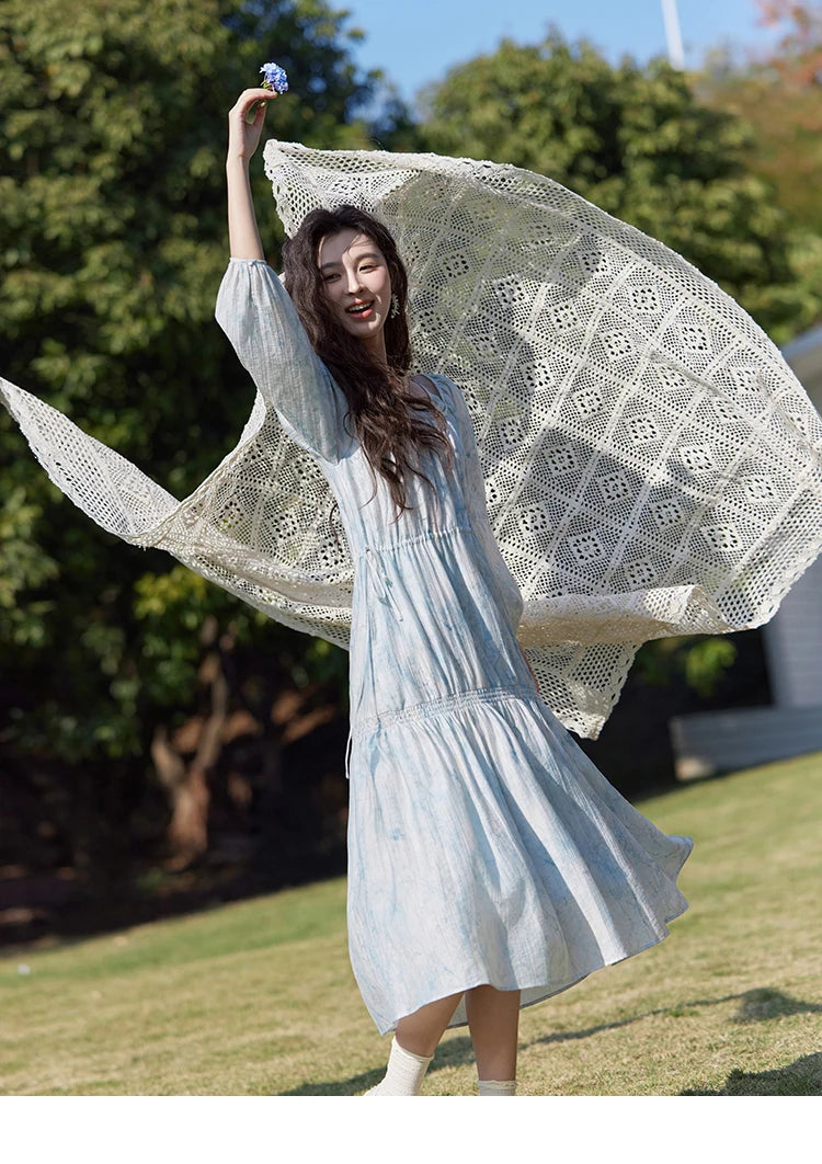 Mishow Blue Floral Chiffon Drawstring Lantern Sleeve Dress MXE16L2114