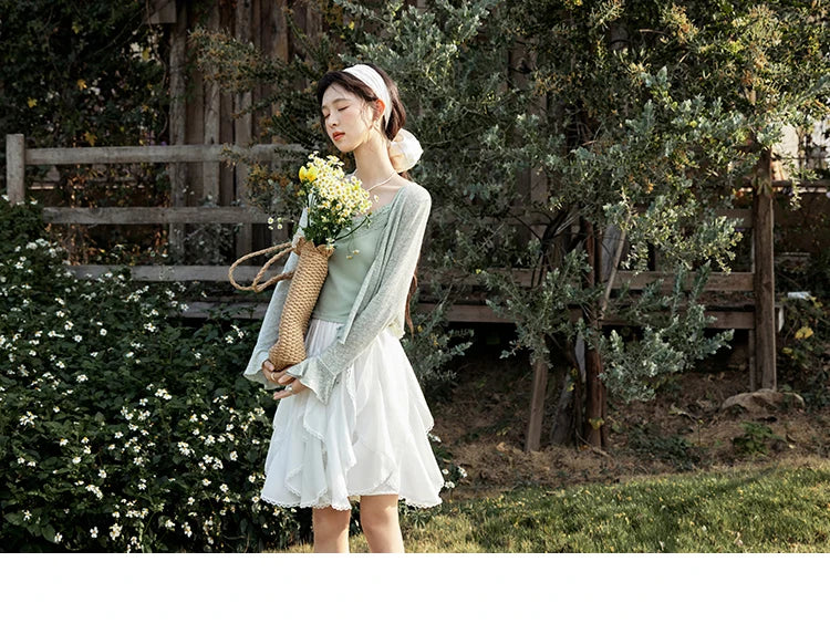 Mishow Light Green Lace Bow Camisole & Cardigan Set MXE15T0504