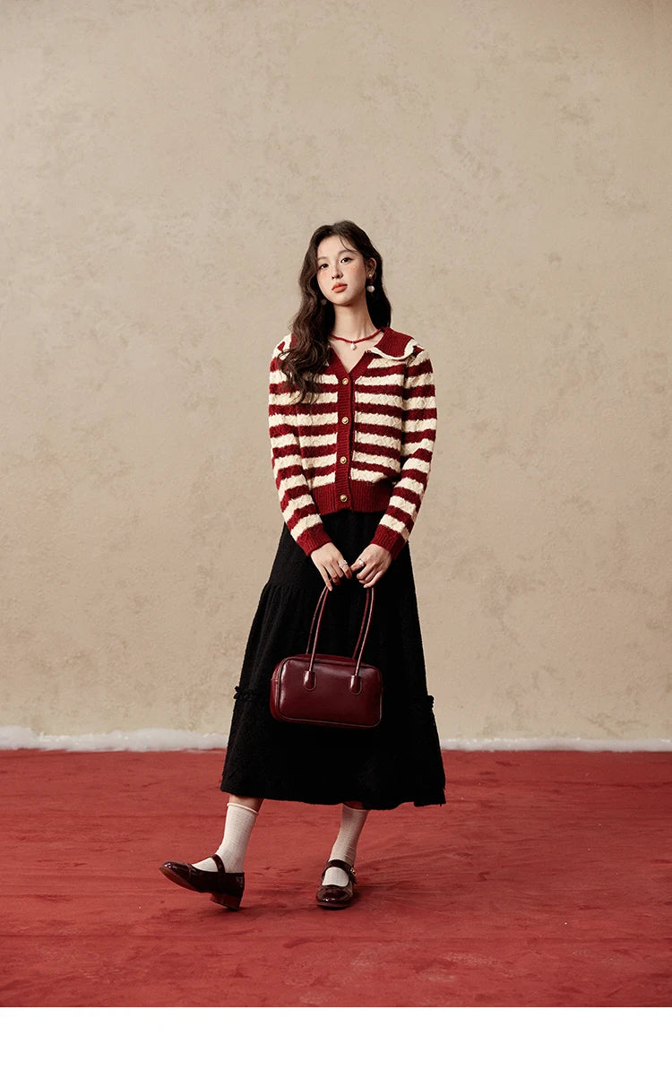 Mishow Christmas Red Striped Wool Blend Cropped Cardigan MXD58Z1038