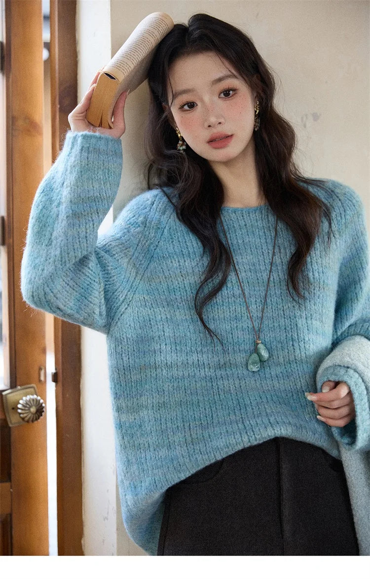 Mishow Blue Loose Crew Neck Long Sleeve Pullover MXE86Z2733