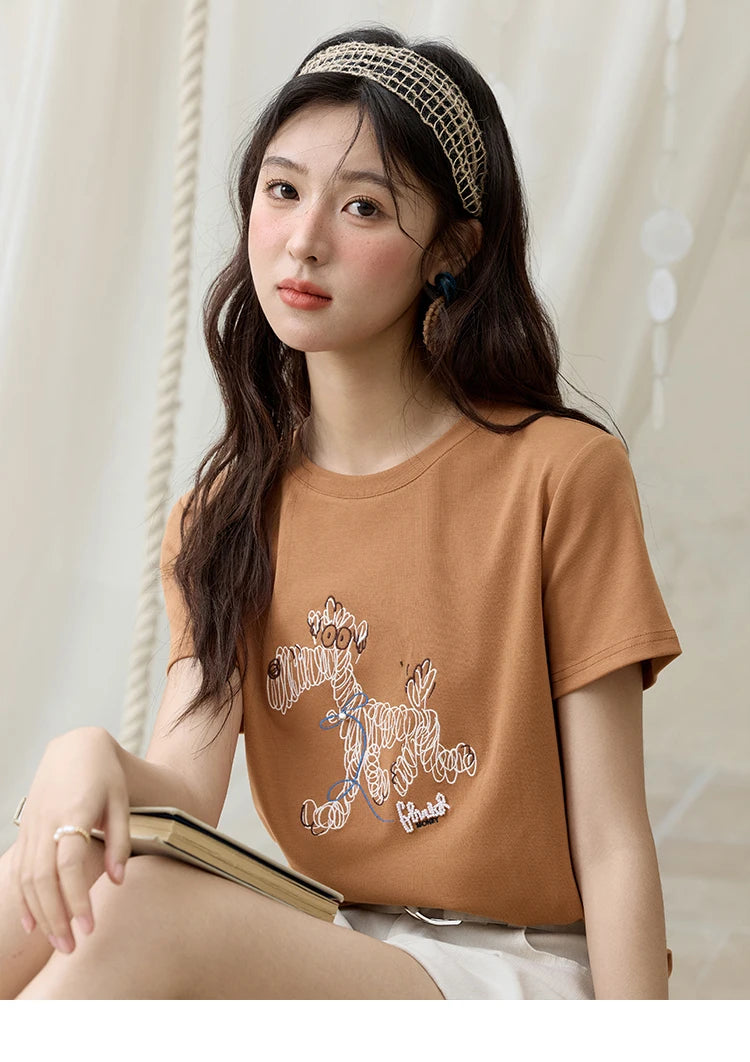 Mishow Cartoon Print Loose Embroidery Tee MXE31T0550