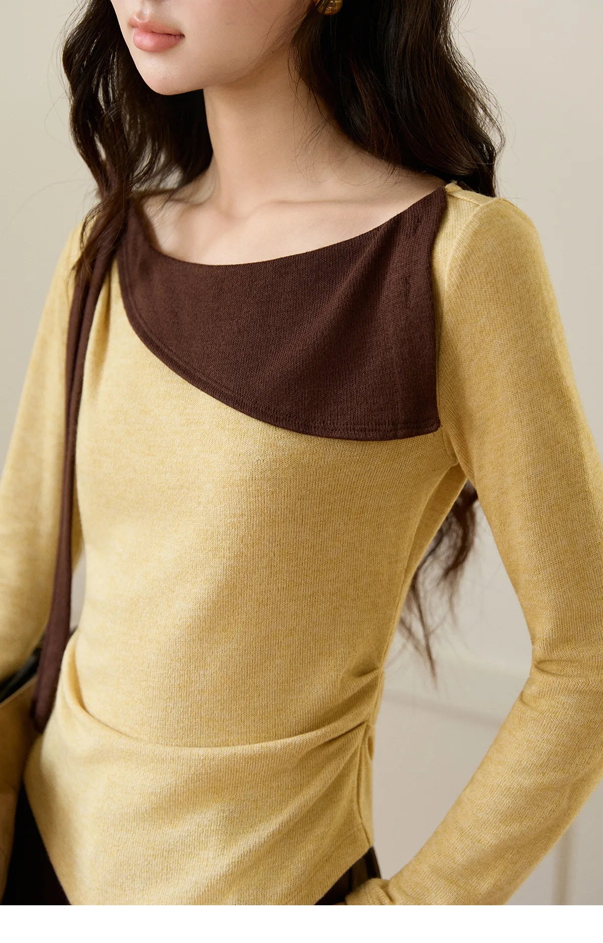 Mishow Yellow Brown Contrast Oblique Collar Knit Top MXF11Z2911