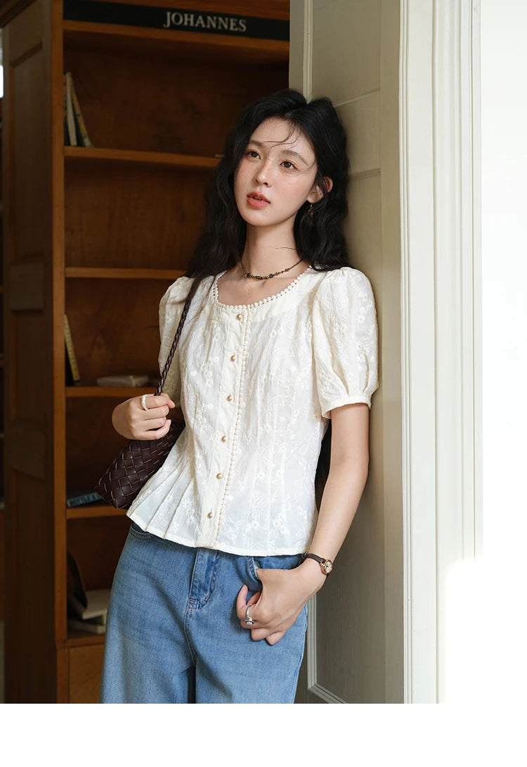 MISHOW Embroidery Cotton Shirt Puff Sleeve Button MXE39X1979