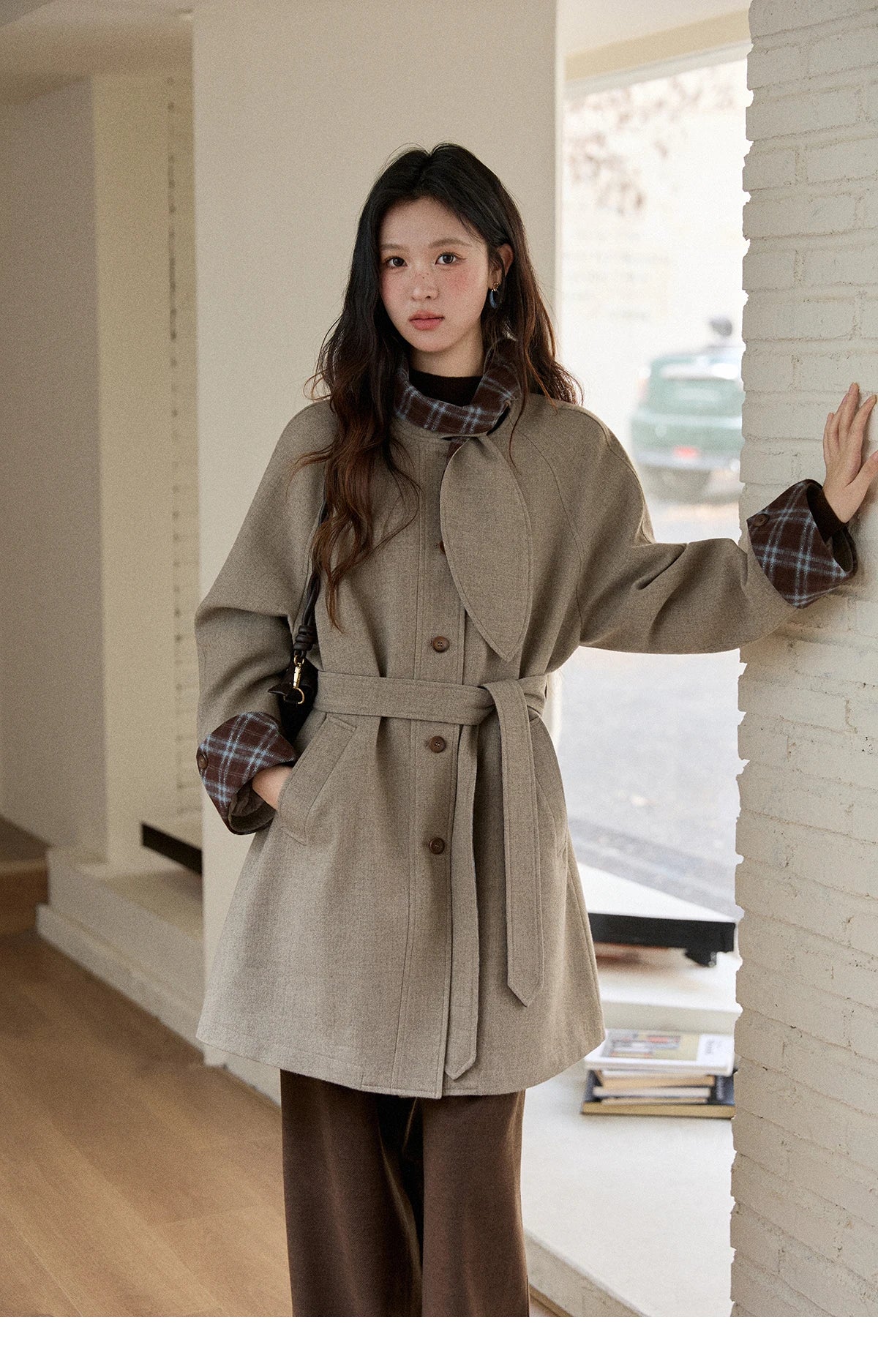 Mishow Retro British Plaid Rabbit Ear Tie Woolen Coat MXE90W0924