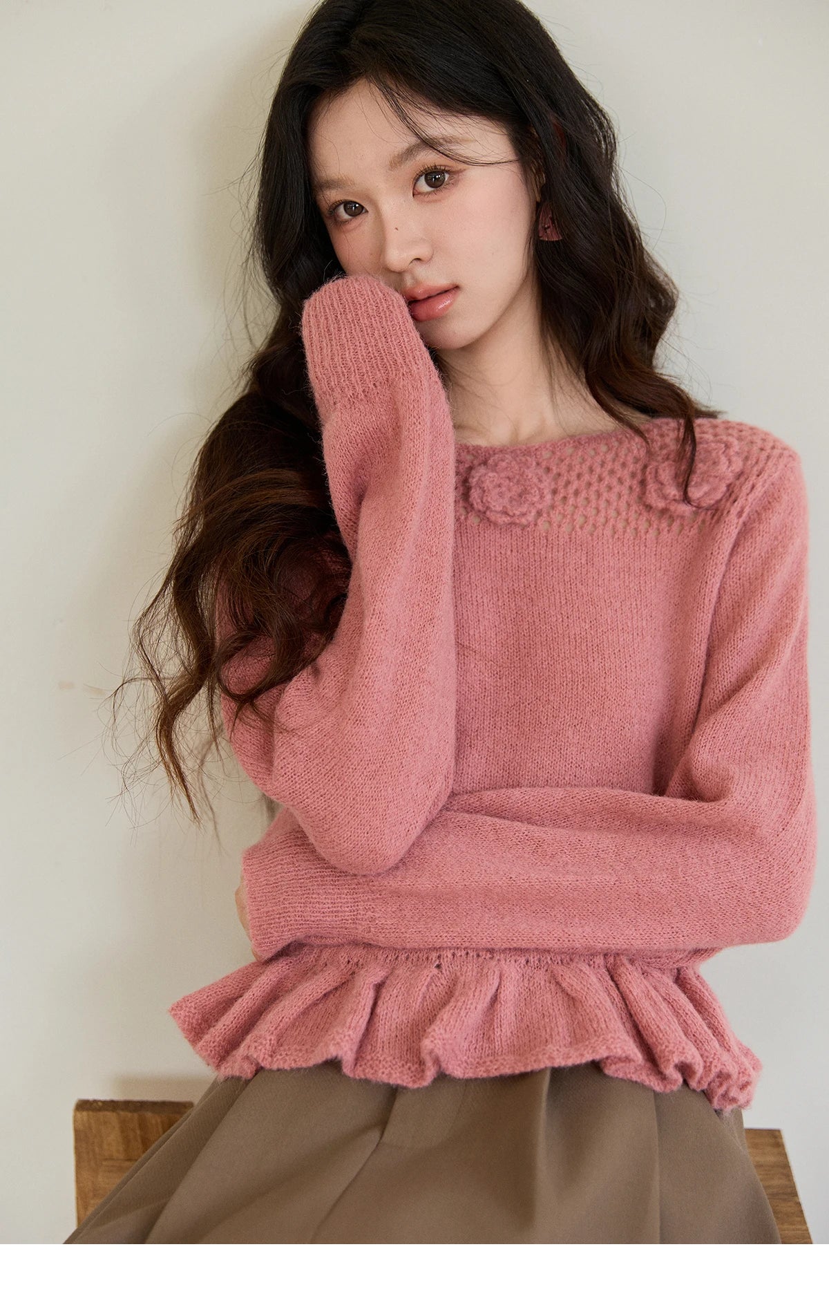 Mishow Pink Hollow Floral Ruffled Hem Sweater MXE94Z2865
