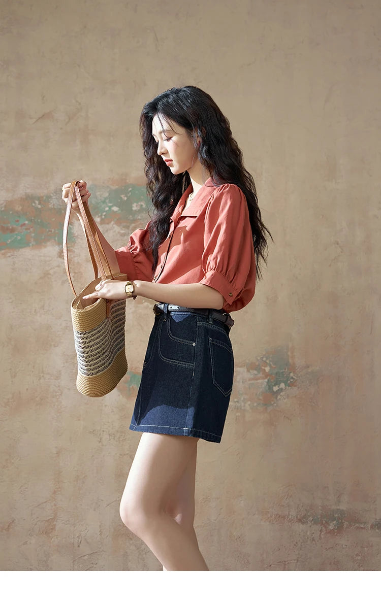 MISHOW Short Sleeve Blouse Lapel Simple Loose Fit MXD28C0247