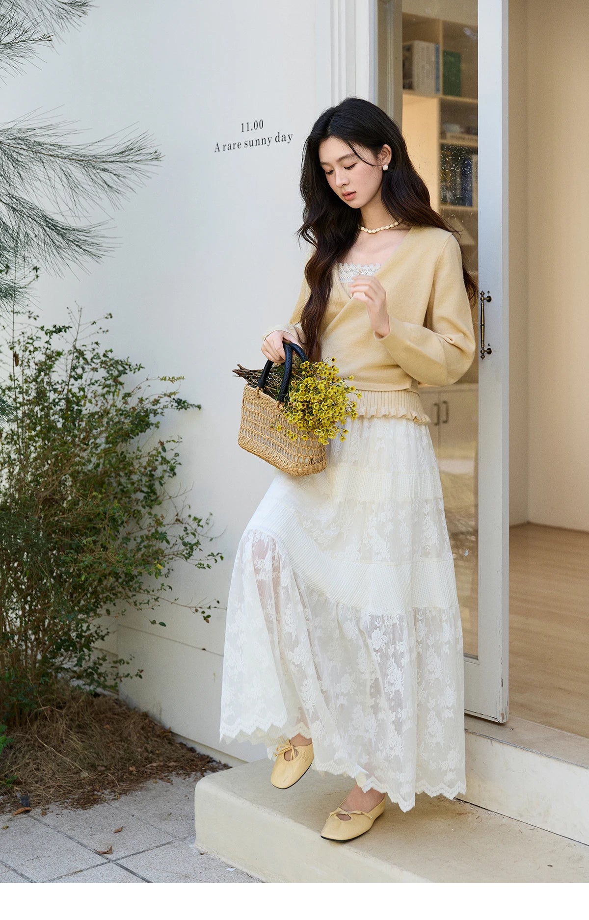 Mishow Yellow Ruffled Camisole & Lace Cardigan Set MXF11T1472