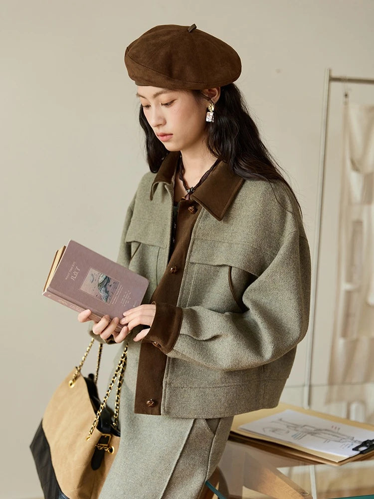 Mishow Contrast Suede Patchwork Wool Coat MXE46W0844