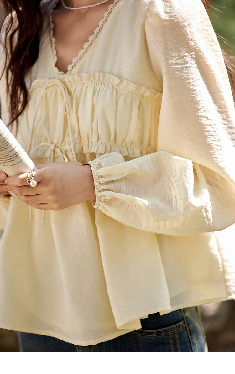MISHOW Jacquard Lace V-Neck Blouse Ruffled Wavy Puff Sleeve MXE12C0397
