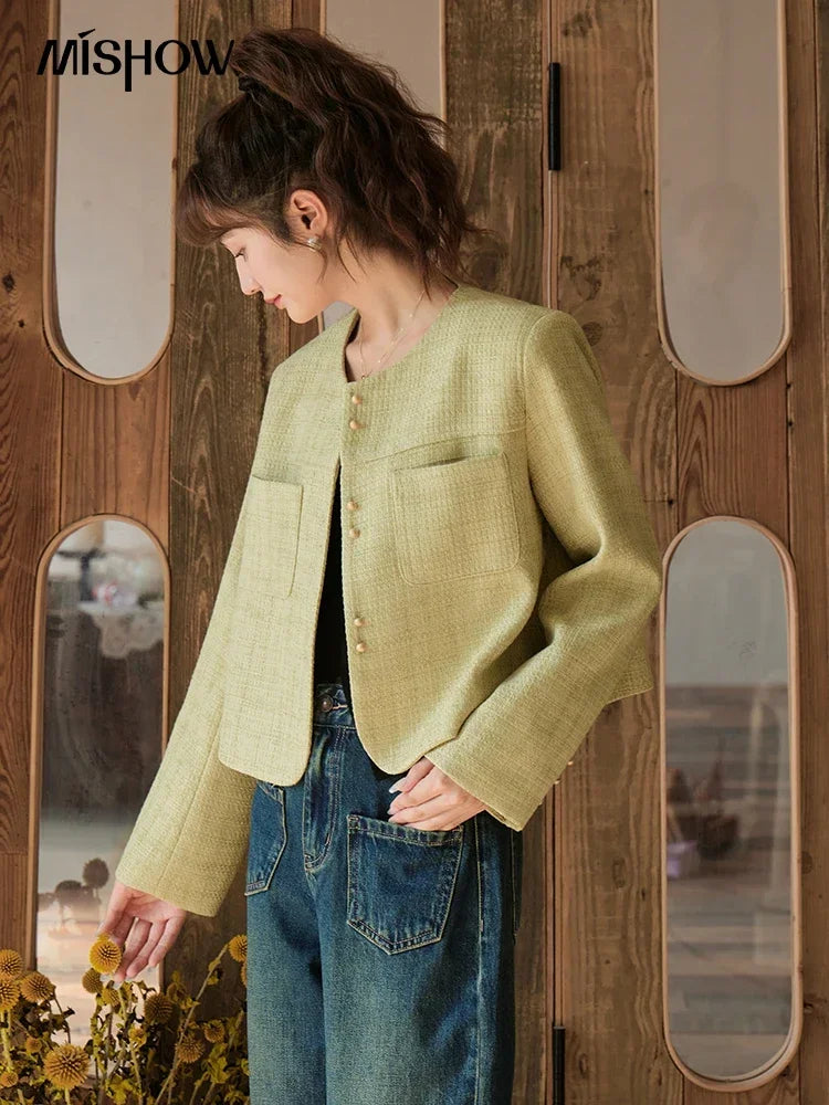 Mishow Retro Round Neck Gold Button Jacket MXC44W0072