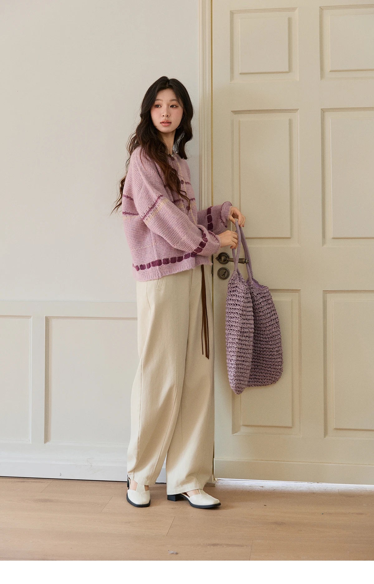 Mishow Lilac Striped Dot Crew Neck Cardigan MXF11Z2897
