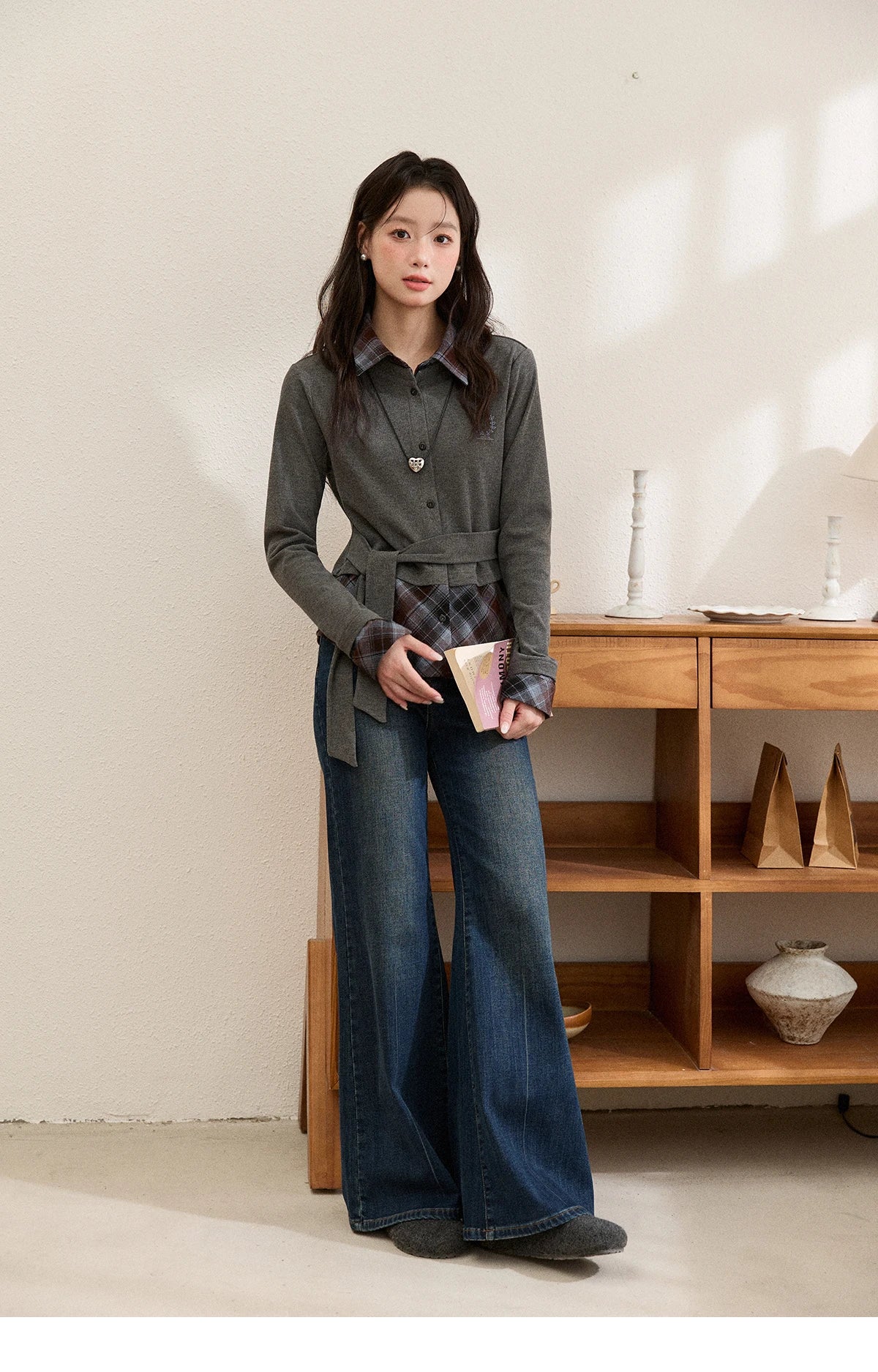 MISHOW Fake Two-Piece Plaid Shirt Lapel Waist Tie Embroidery MXE89C2421