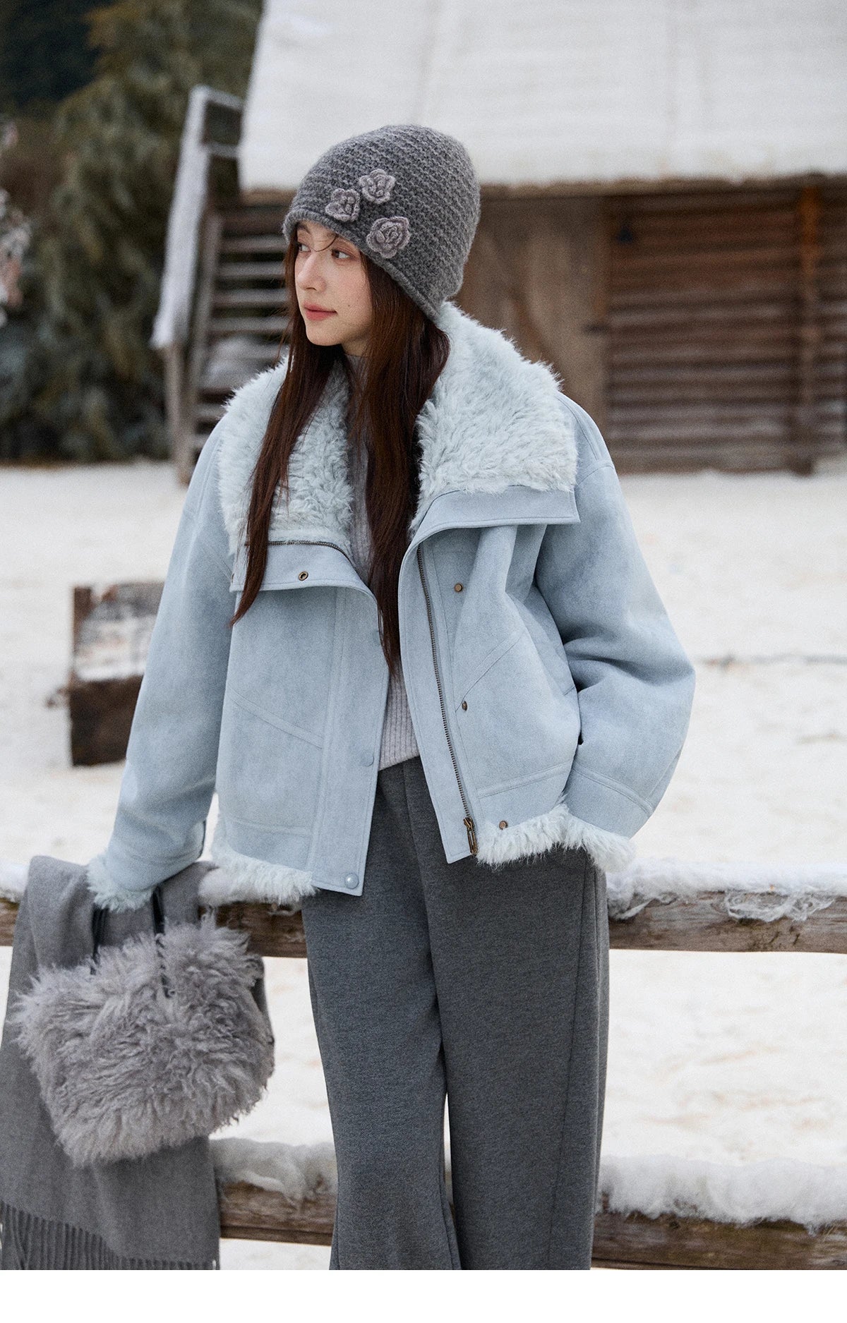 MISHOW Blue Plush Jacket Turn-Down Collar Zip-Up Loose MXE87W0917