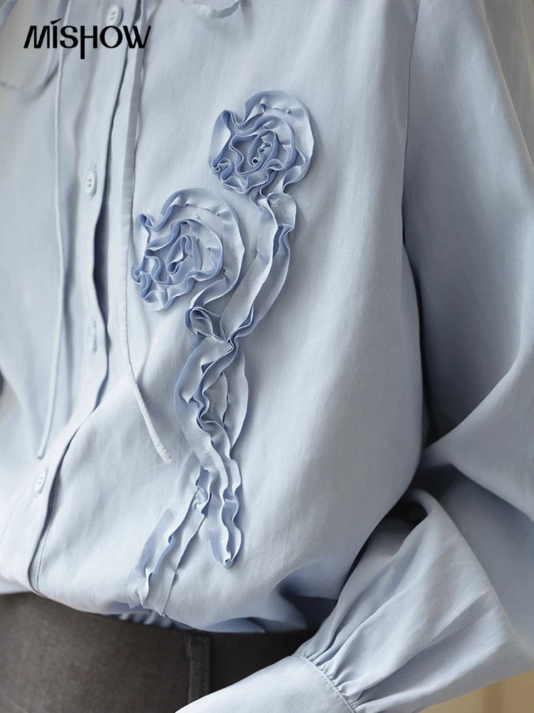 MISHOW Coiled Flowers Embroidered Blue Shirt MXE44C2398