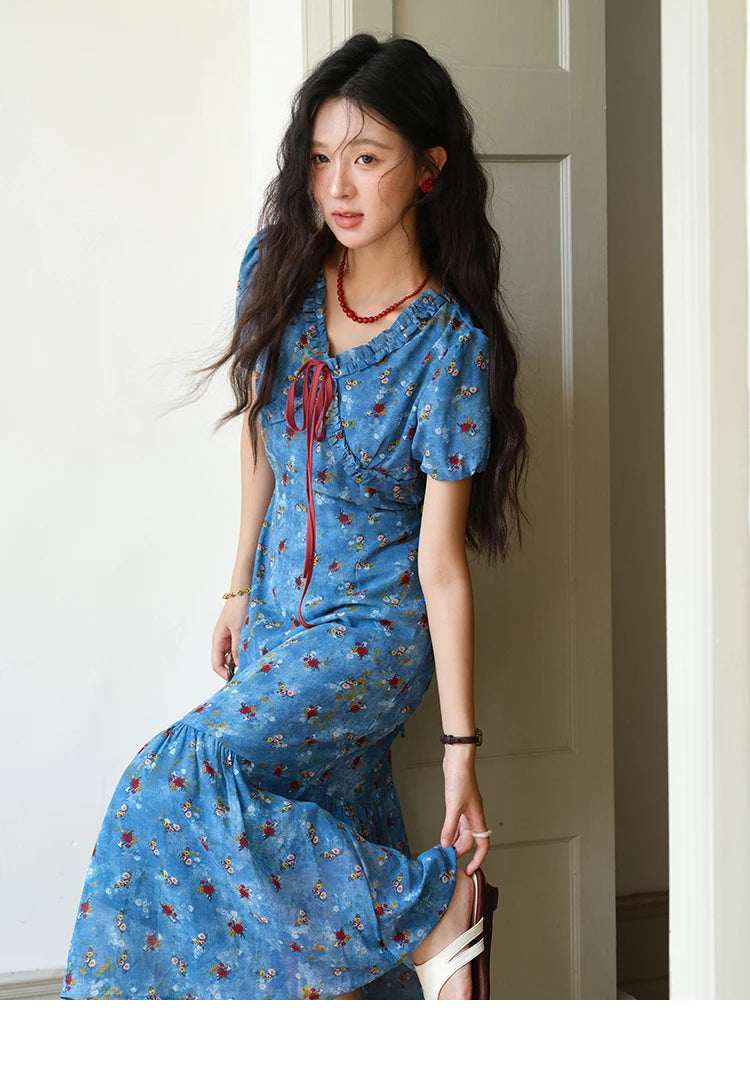 Mishow V-Neck Lace-Up Puff Sleeve Chiffon Dress MXE39L2401