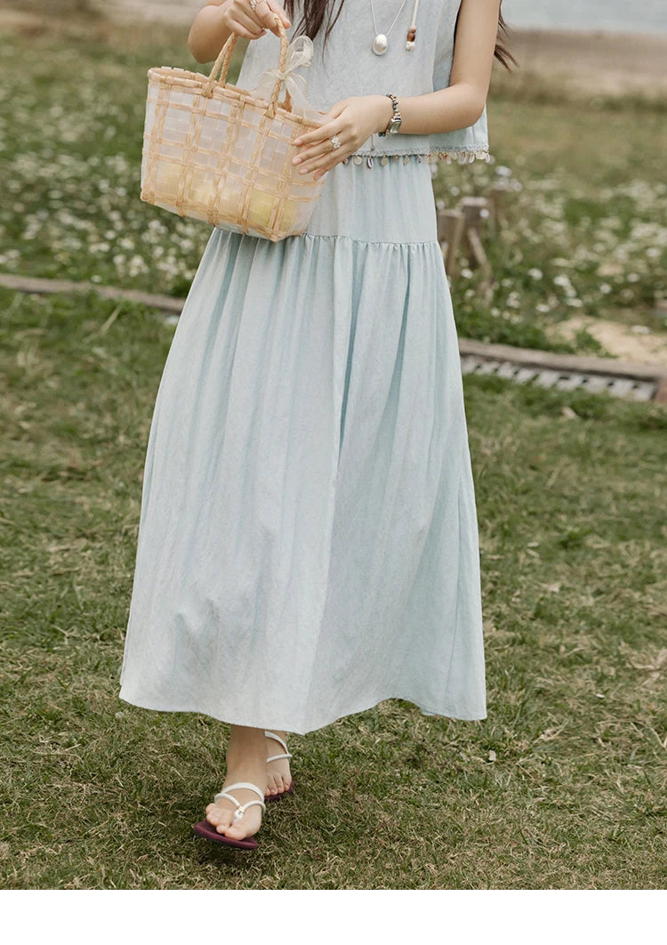 Mishow Sleeveless Round Neck Vest & Solid Midi Skirt Set MXE33T0526
