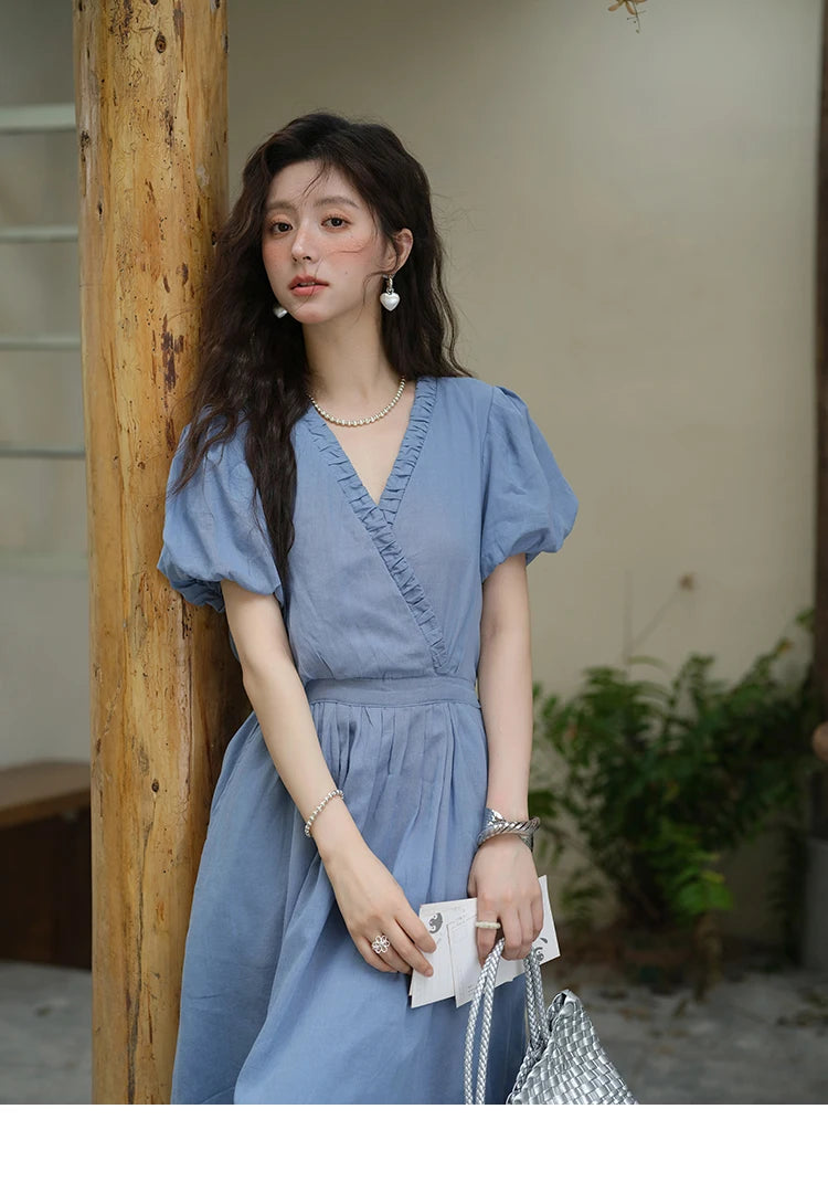 Mishow V-Neck Puff Sleeve Pocket Sash Dress MXE39L2381