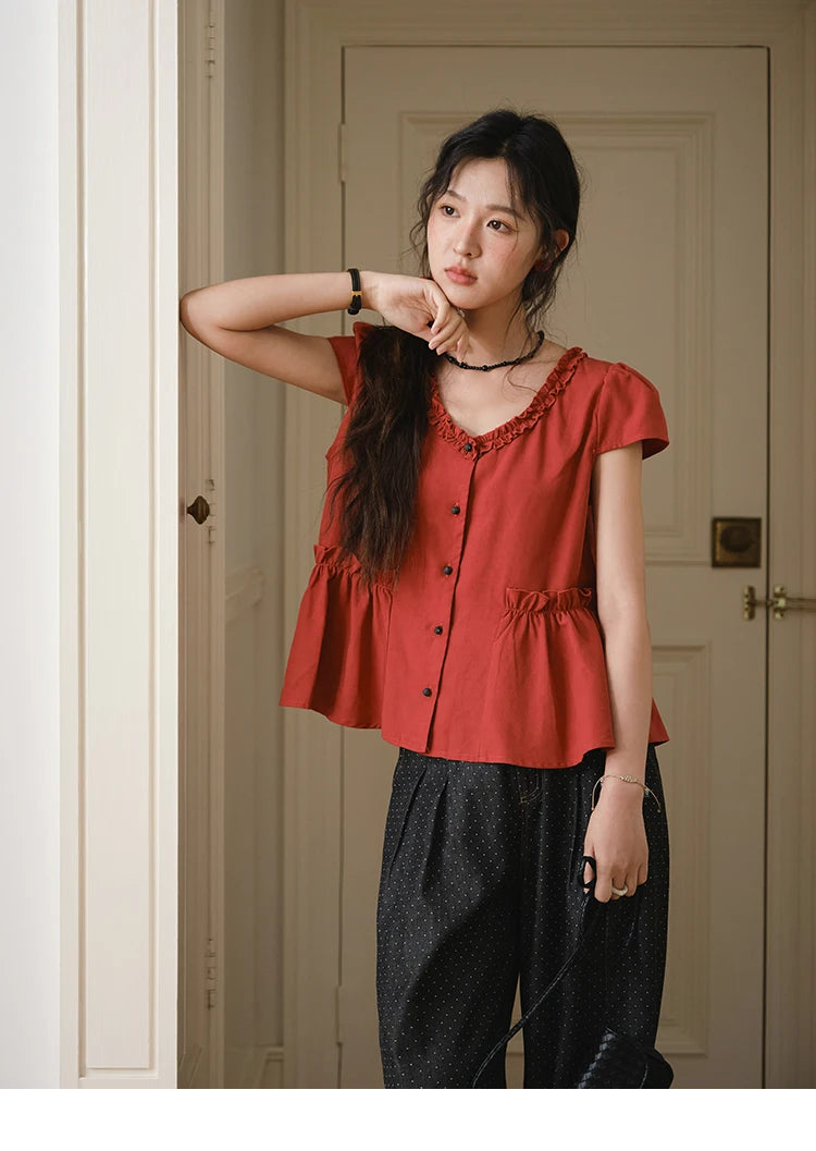 MISHOW Mushroom Edge V-Neck Blouse Button Short Sleeve MXE38X1867