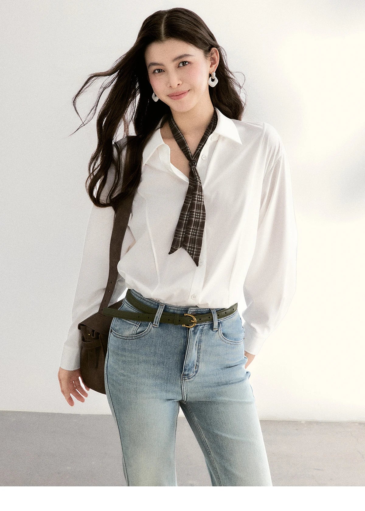 MISHOW Casual Loose Shirt with Plaid Scarf Lapel Top MXF108C0815