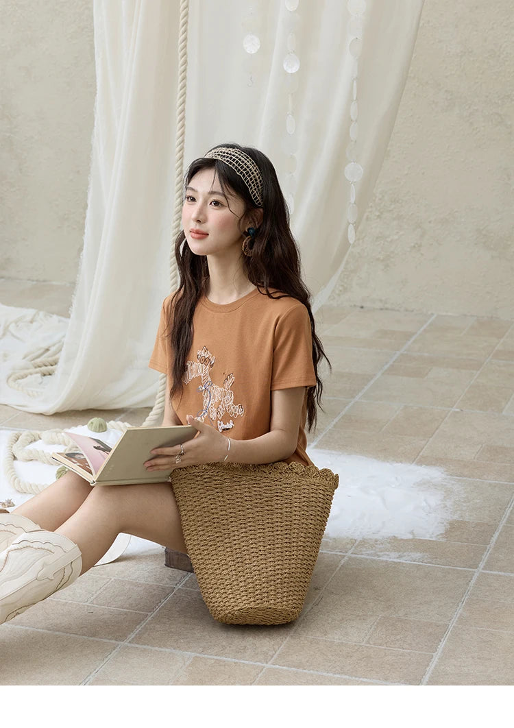 Mishow Cartoon Print Loose Embroidery Tee MXE31T0550