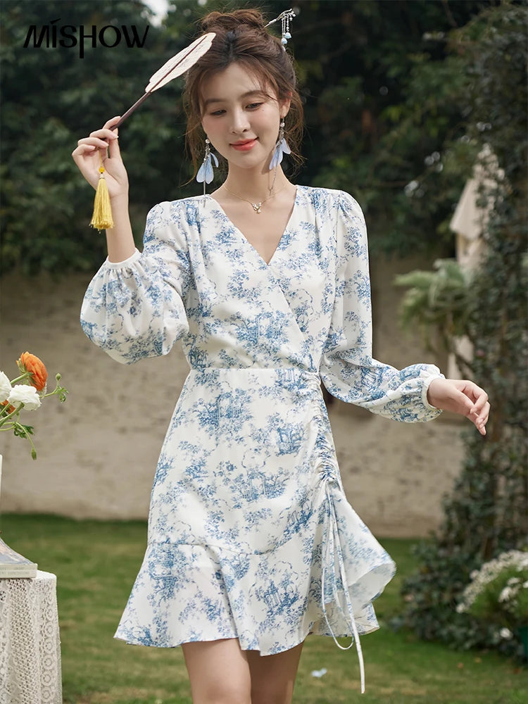 MISHOW French V-Neck Blue Porcelain Print Dress MXD15L1673