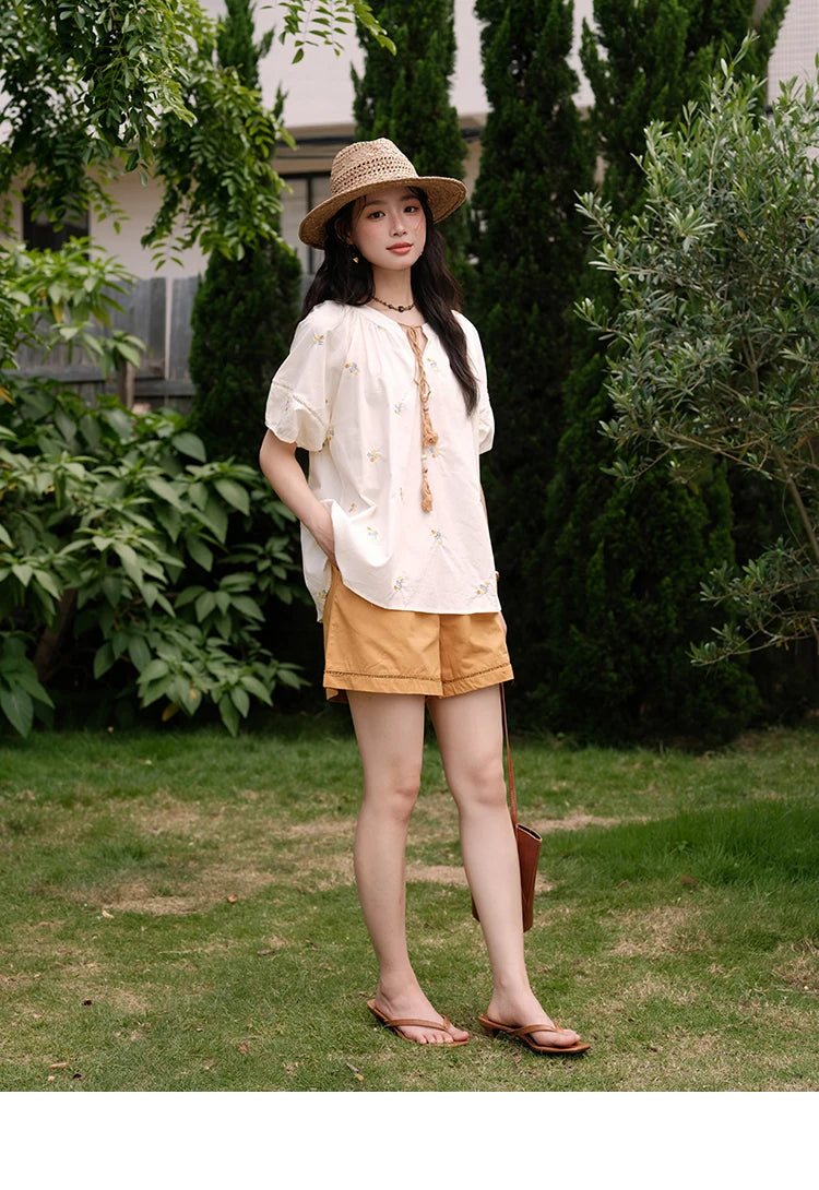 Mishow Puff Sleeve Lace-Up Top & Elastic Waist Shorts Set MXE38T0684
