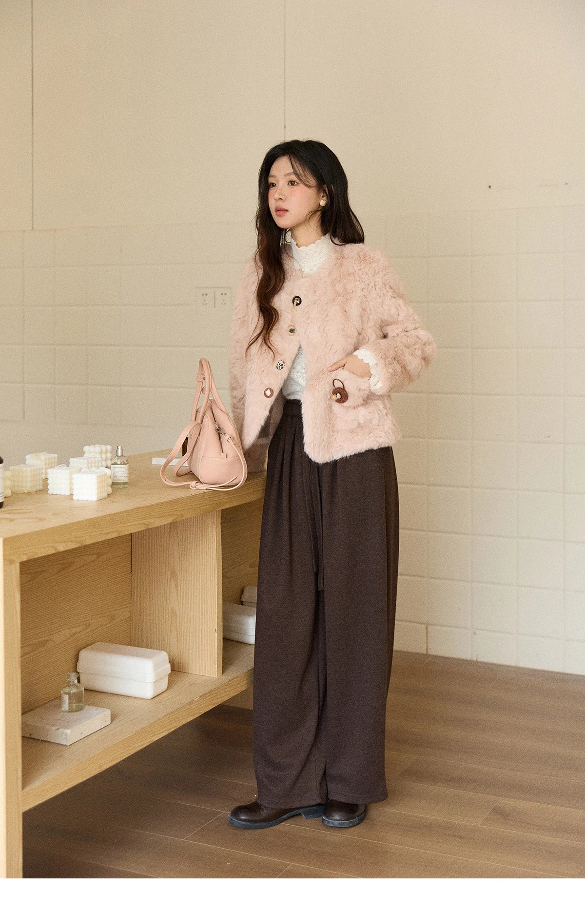 Mishow Sweet Pink Faux Rabbit Fur Coat MXE87W0990