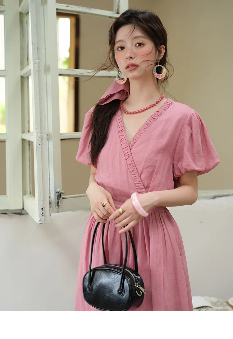 Mishow V-Neck Puff Sleeve Pocket Sash Dress MXE39L2381