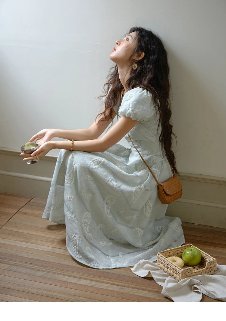 Mishow Paisley Embroidery Square Neck Puff Sleeve Dress MXE34L2265