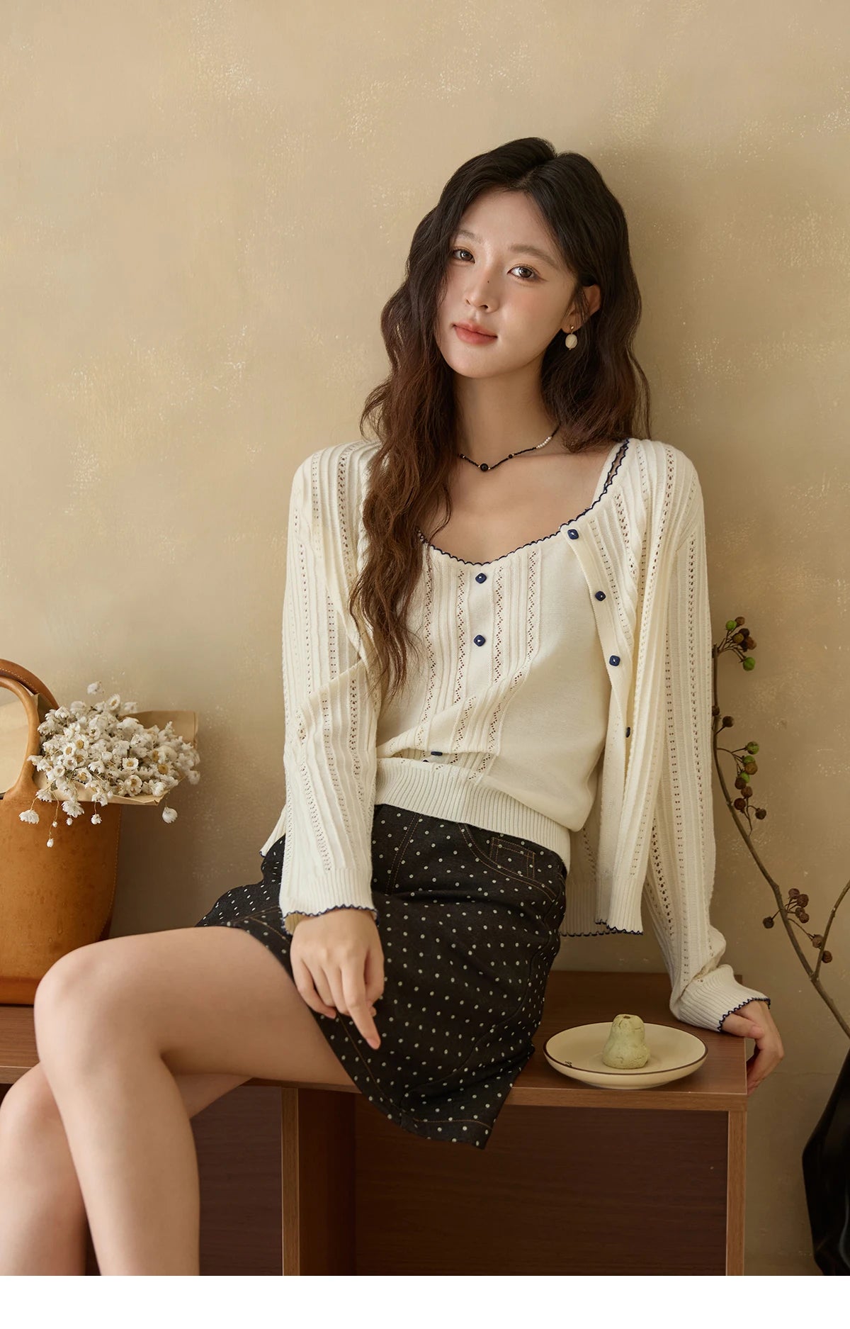 Mishow Apricot Knit Cardigan & Camisole Wool Set MXE43T0726