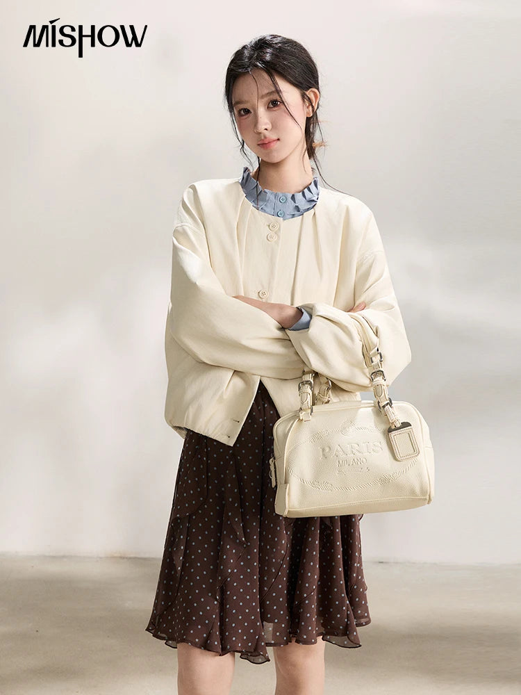 MISHOW Imitation Protein Skin Leather Jacket Ruffled Collar Button-Up MXF108W1019