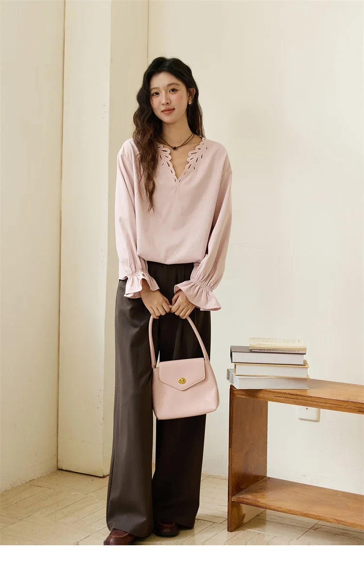 MISHOW French Style Hollow Out V-Neck Pink Blouse Long Sleeves MXE48X2502