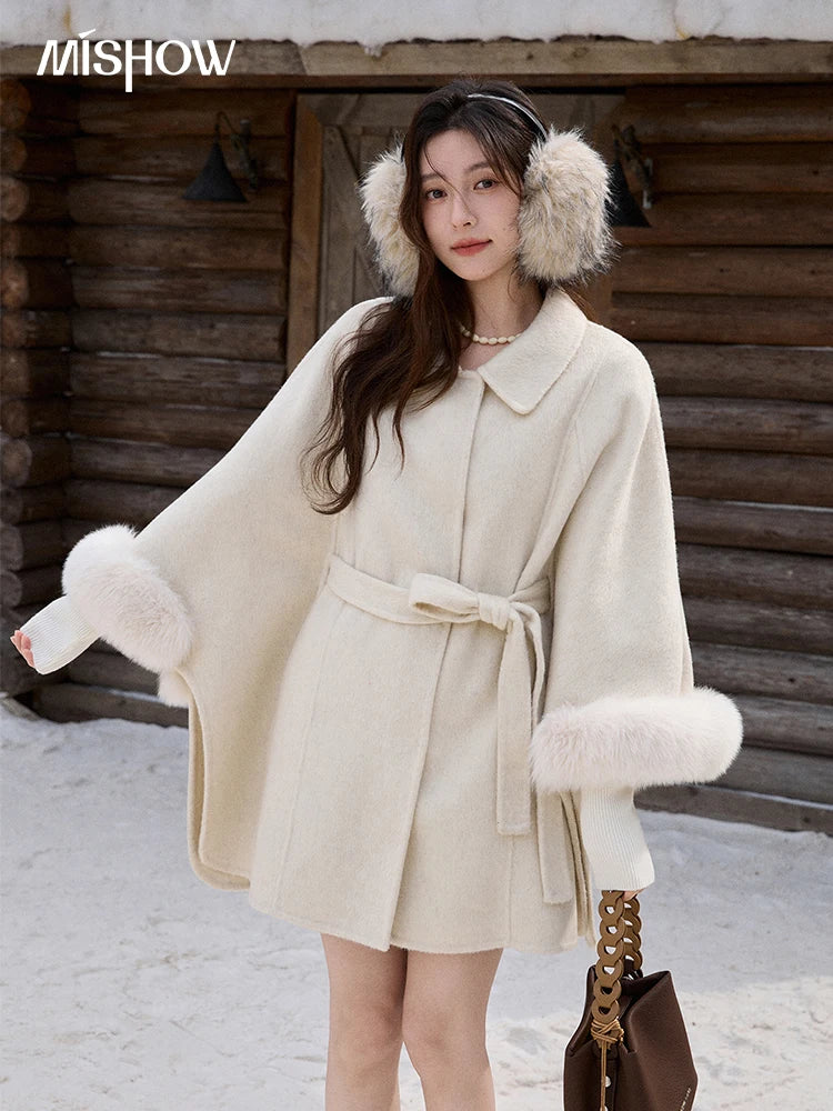 Mishow 100% Wool Cape with Detachable Furry Cuffs MXE90W0947