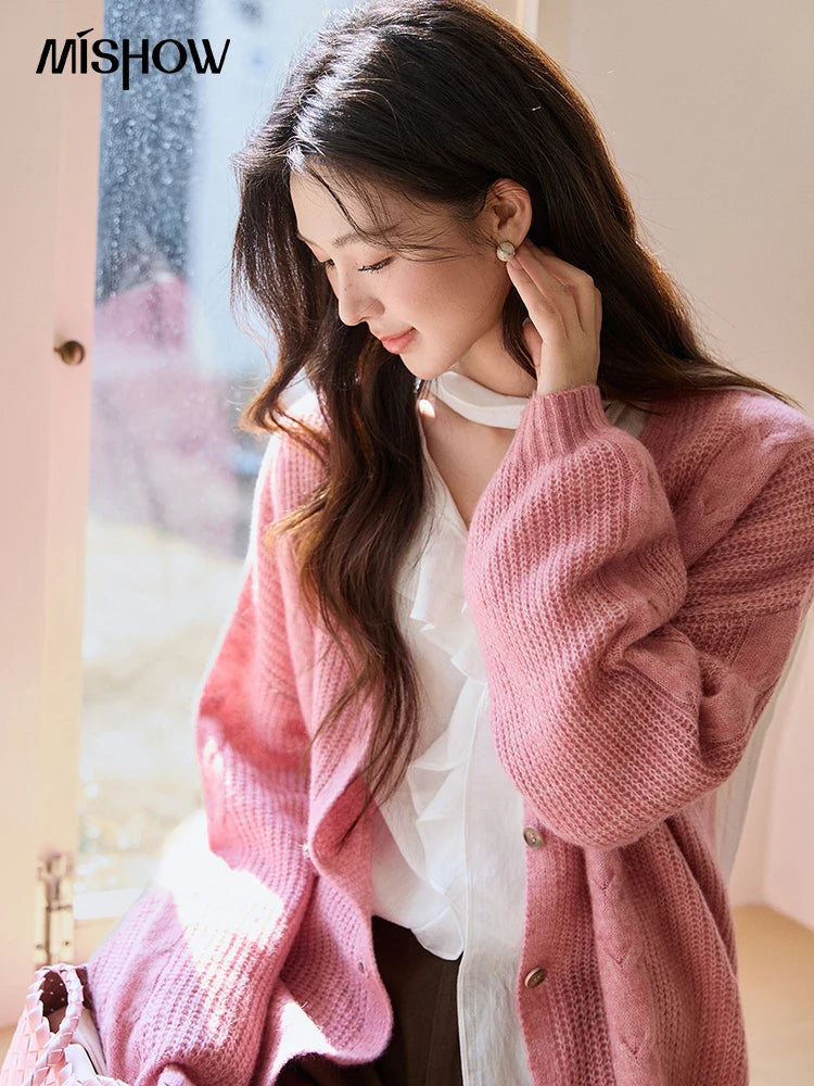 Mishow Dusty Pink V-Neck Knitted Cardigan MXF11Z2898