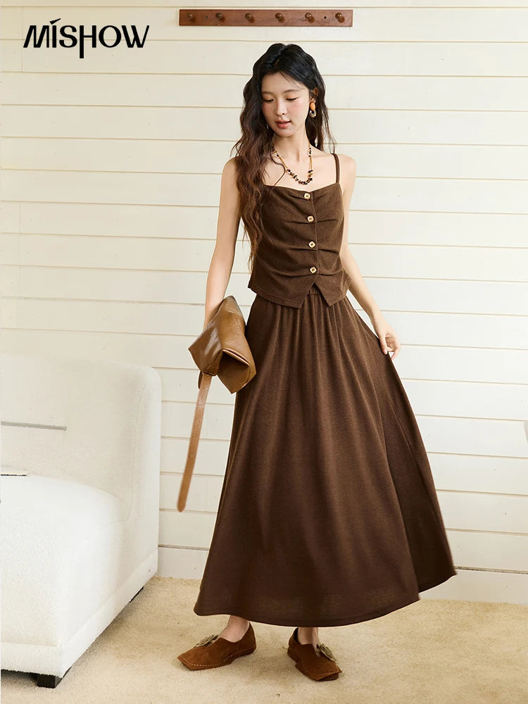 Mishow Retro Dark Brown Tank Top & Pleated A-Line Skirt Set MXE46T1378