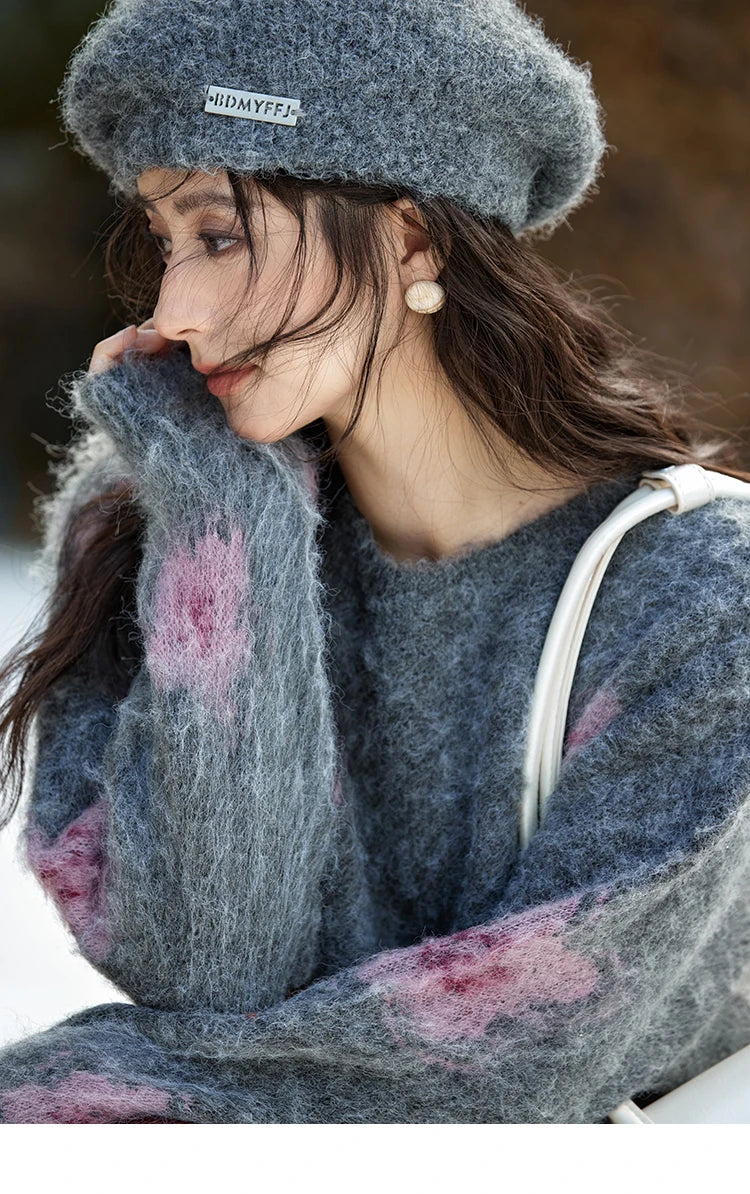 Mishow Wool Yarn Plush Fur Flower O-Neck Pullover MXD56Z1001