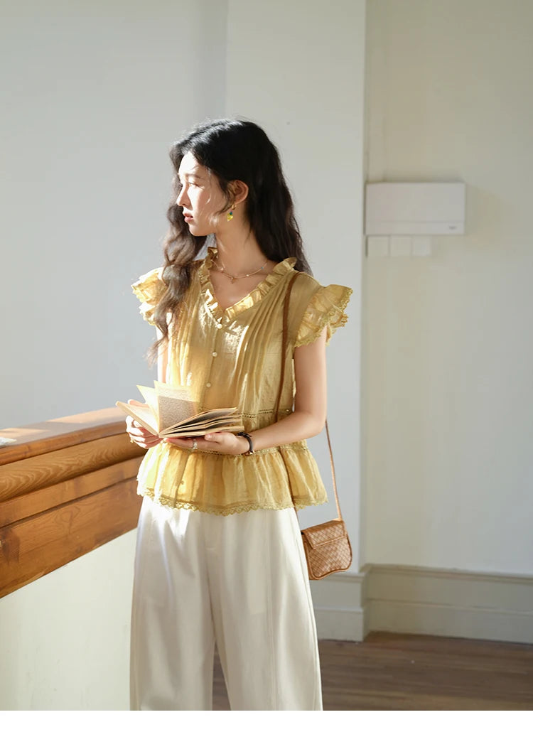 MISHOW Wood Ear V-Neck Shirt Flying Sleeve Wrinkle Spliced MXE37X1908
