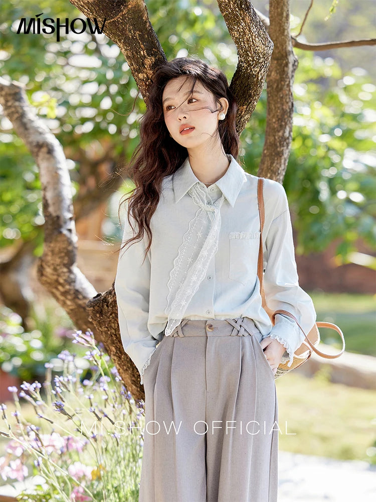 MISHOW Lace Trim Blouse Turn-Down Collar MXE16C0760