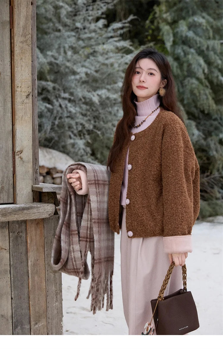 MISHOW Brown Wool Quilted Coat Round Neck Short Loose MXE87W0935
