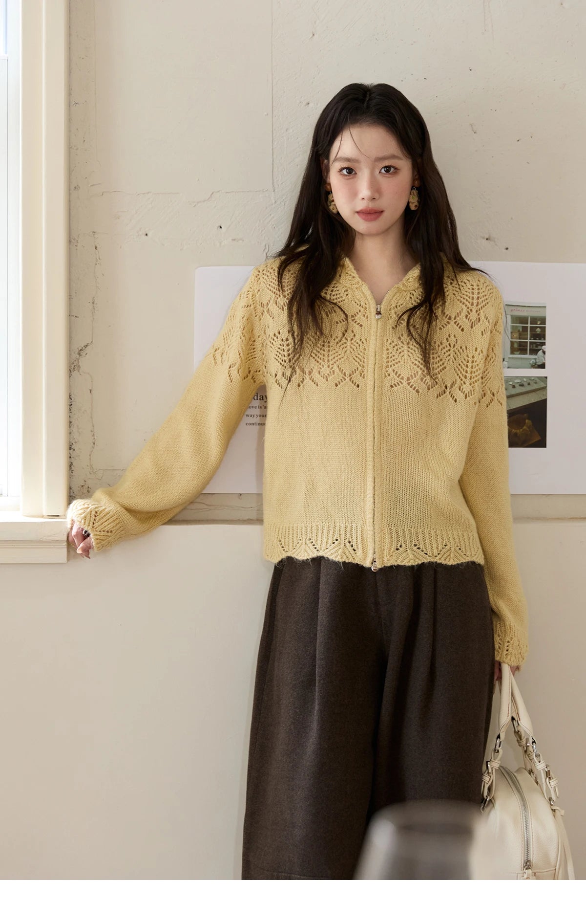 Mishow Yellow Hooded Zipper Hollow Cardigan MXE46Z2584