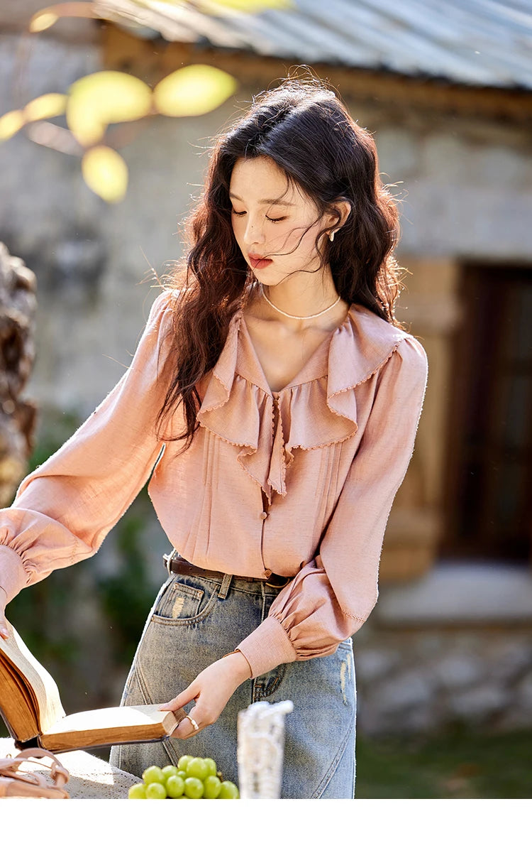 MISHOW Lotus Leaf Collar Shirt Bubble Sleeves Pink Chiffon MXE12X1702