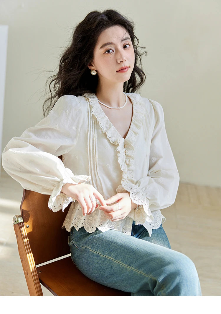 MISHOW V-Neck Long Sleeve Blouse Solid Loose Fold Detail MXE14X1732