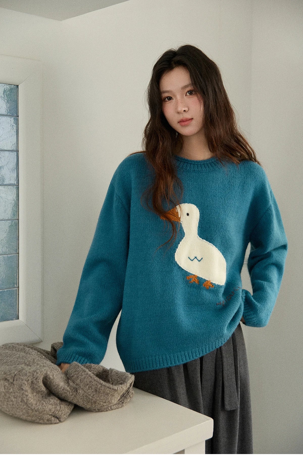 Mishow Peacock Blue Jacquard Loose Sweater MXE86Z2751