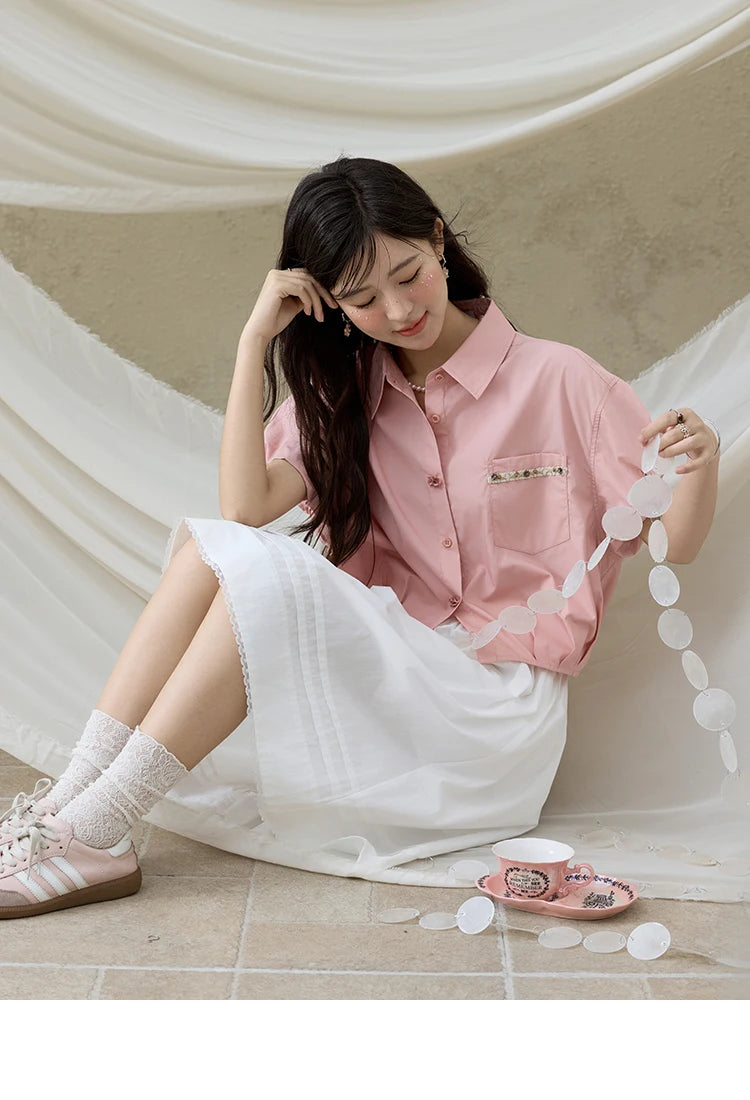 MISHOW Short Puff Sleeve Blouse Turn Down Collar Shell Ribbon MXE33C0773