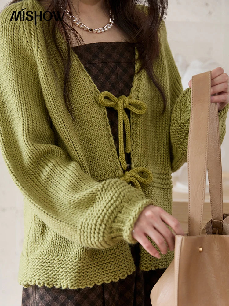 Mishow Avocado Green Lantern Sleeve Lace-Up Cardigan MXE51Z2694