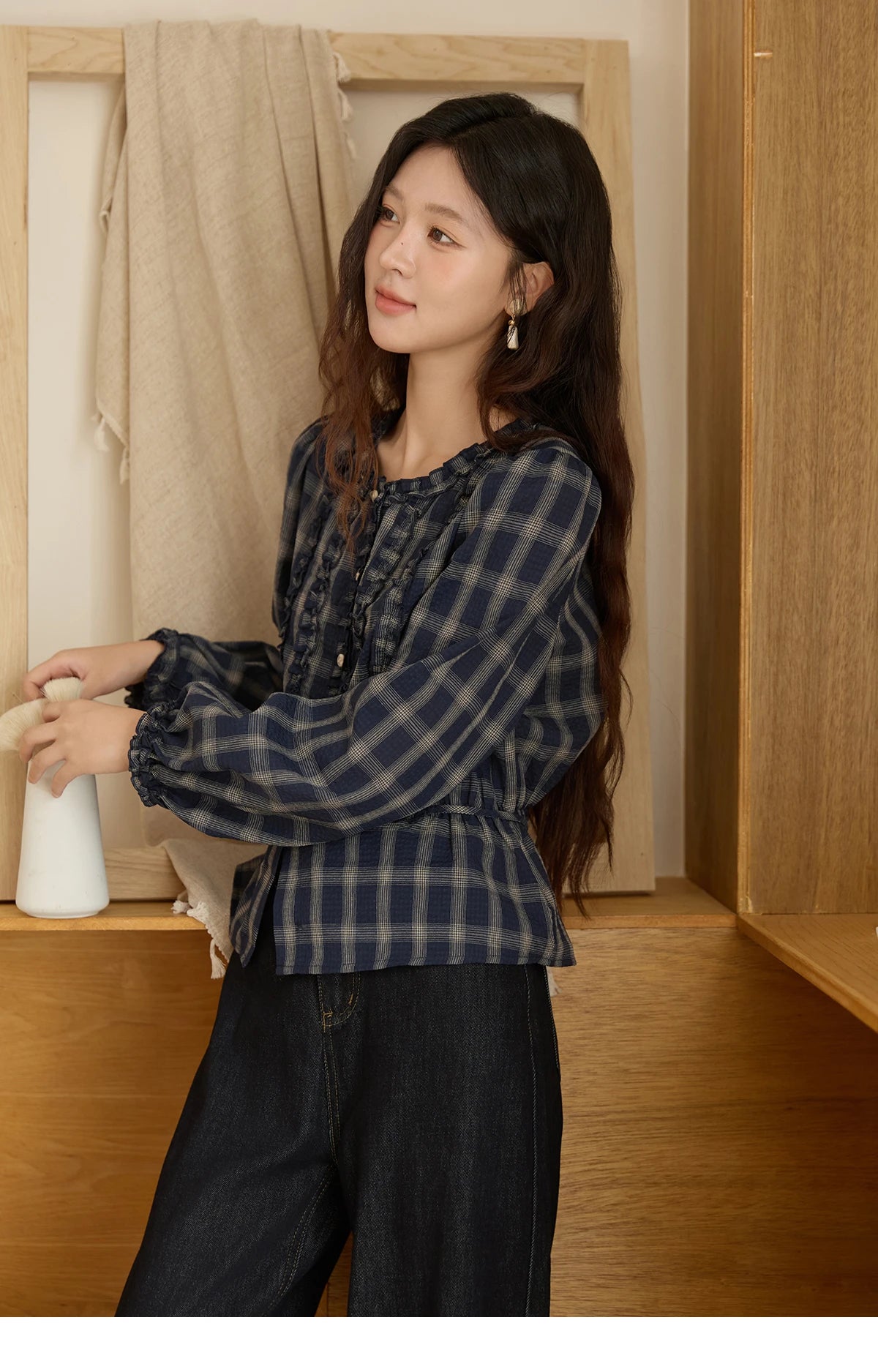 MISHOW Vintage Blue Plaid Shirt Round Neck Loose MXE45X2480